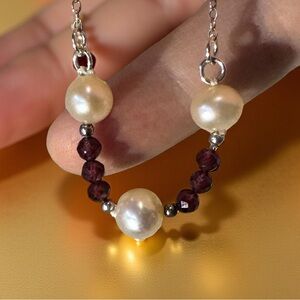 Genuine Pearl and Garnet Necklace Sterling Silver 19.5” - Customizable